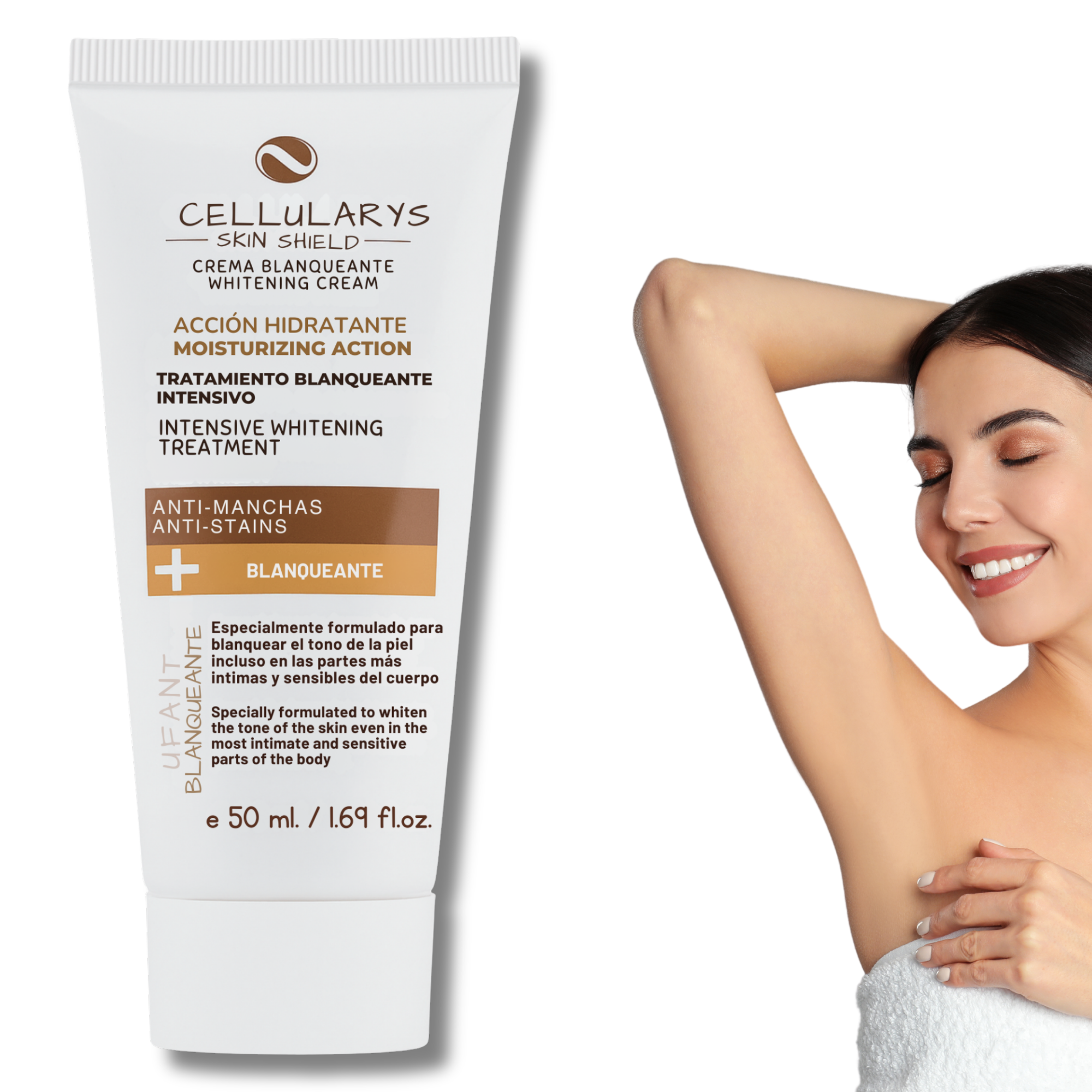 Resultados Antes y Después de usar Cellularys Skin Shield, crema blanqueante anti-manchas de Babylonia GS, mostrando una piel más uniforme y luminosa, apta para zonas sensibles.