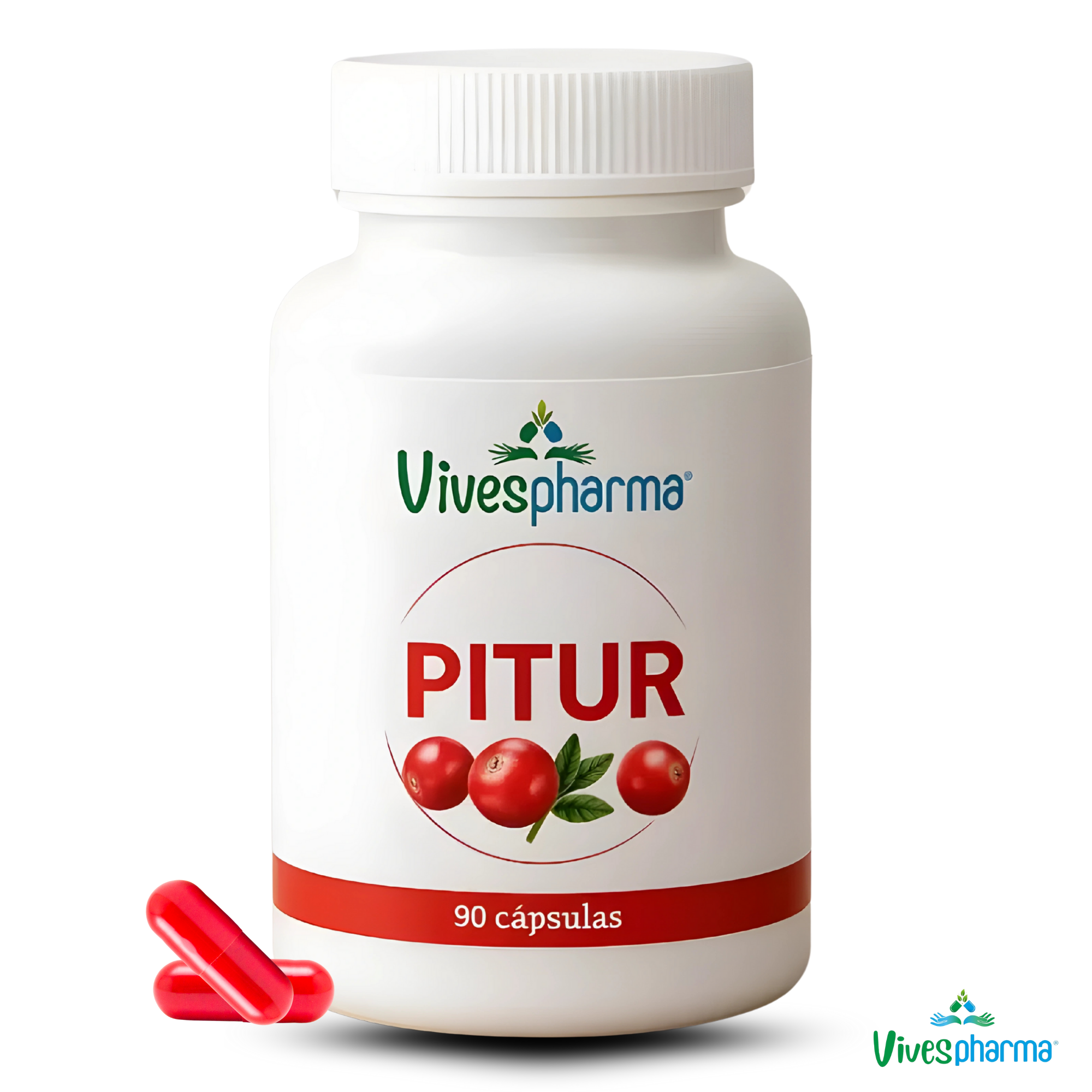 Bote de PITUR, suplemento natural con D-Manosa y Arándano Rojo para salud urinaria y cistitis, por Vivespharma y Babylonia GS.